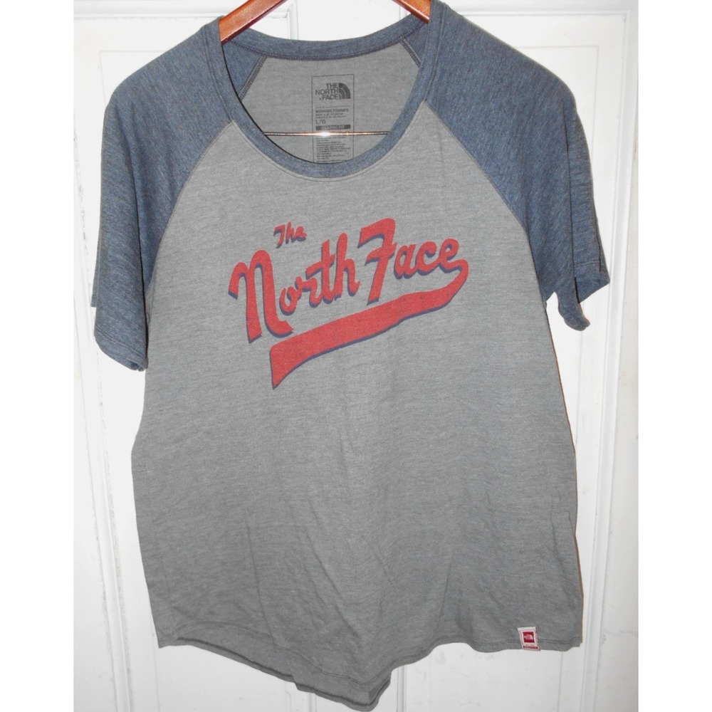 The North Face T Shirt Womens L Blue Gray Graphic Baseball Raglan Sleeve Tee TNF - Picture 1 of 3